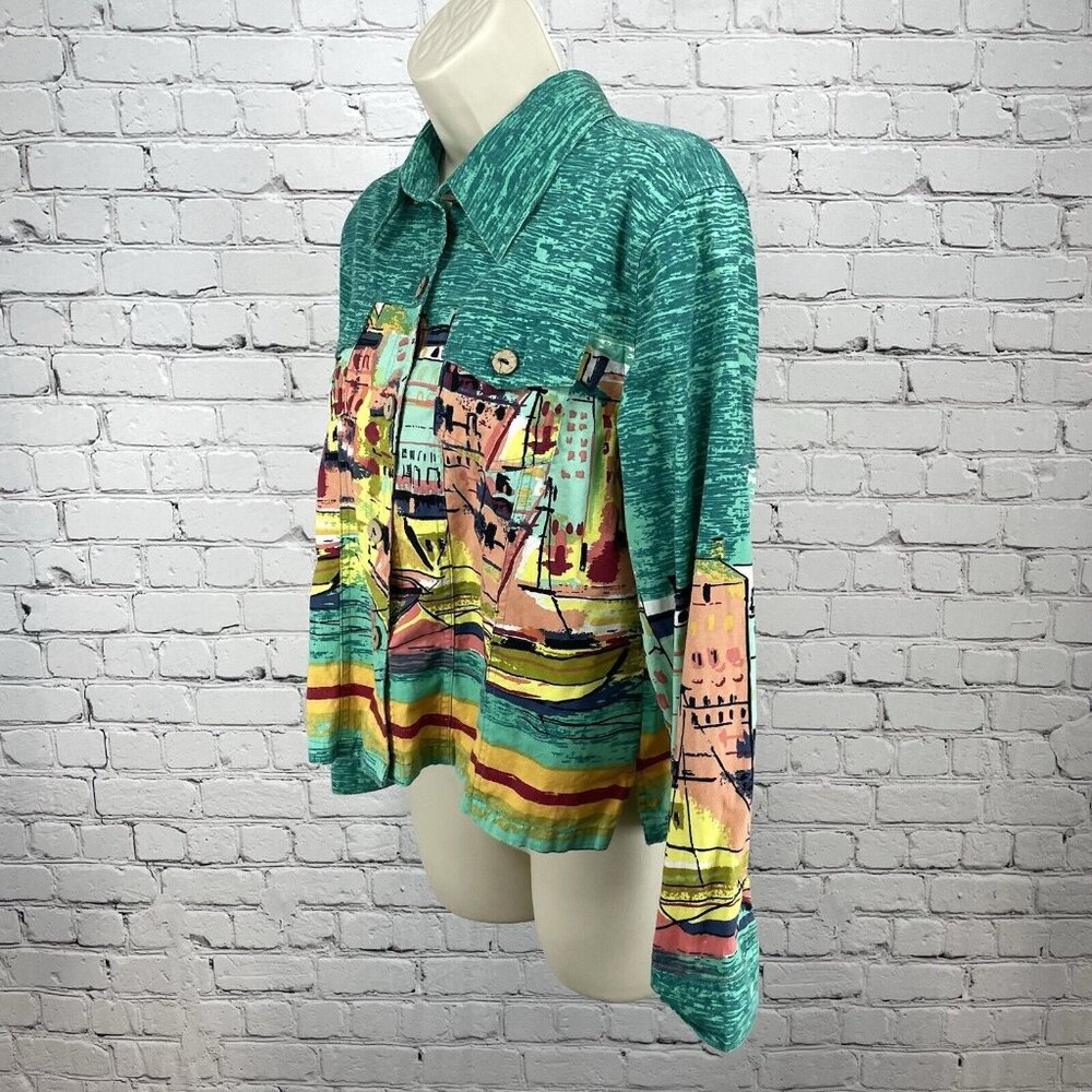 Jane Ashley Green 100% Cotton Sailboat Print Button Up Long Sleeve Size Medium M - Picture 6 of 8